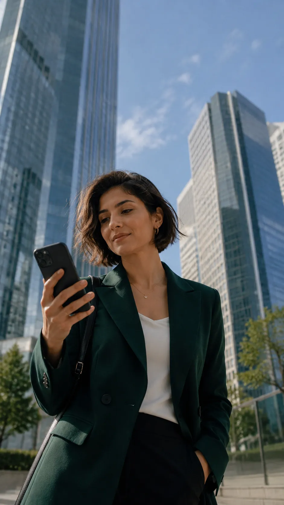 A businesswoman checking her phone on a city street between two skyscrapers