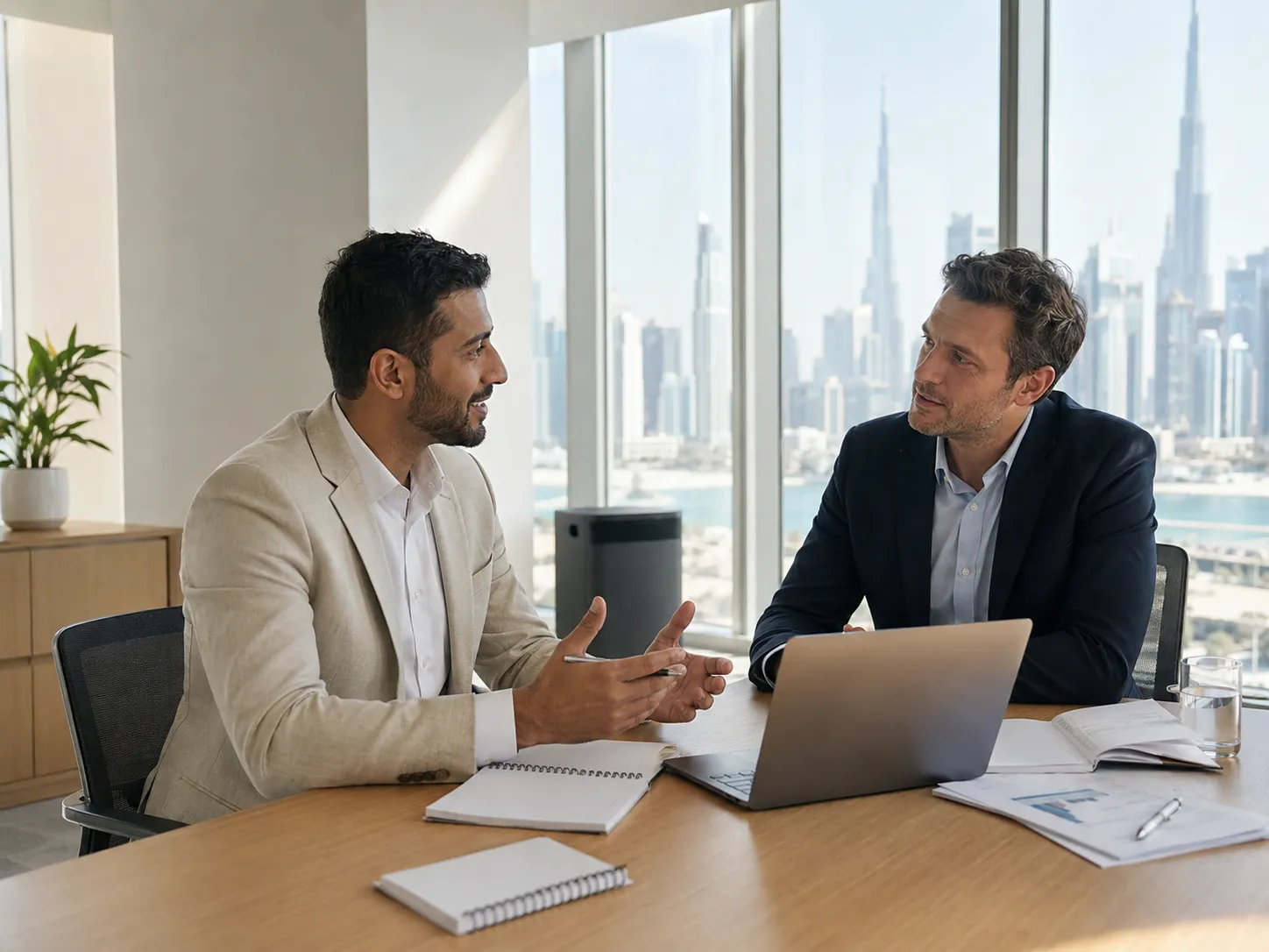 Two coworkers talking over a laptop in a meeting room overlooking a city skyline