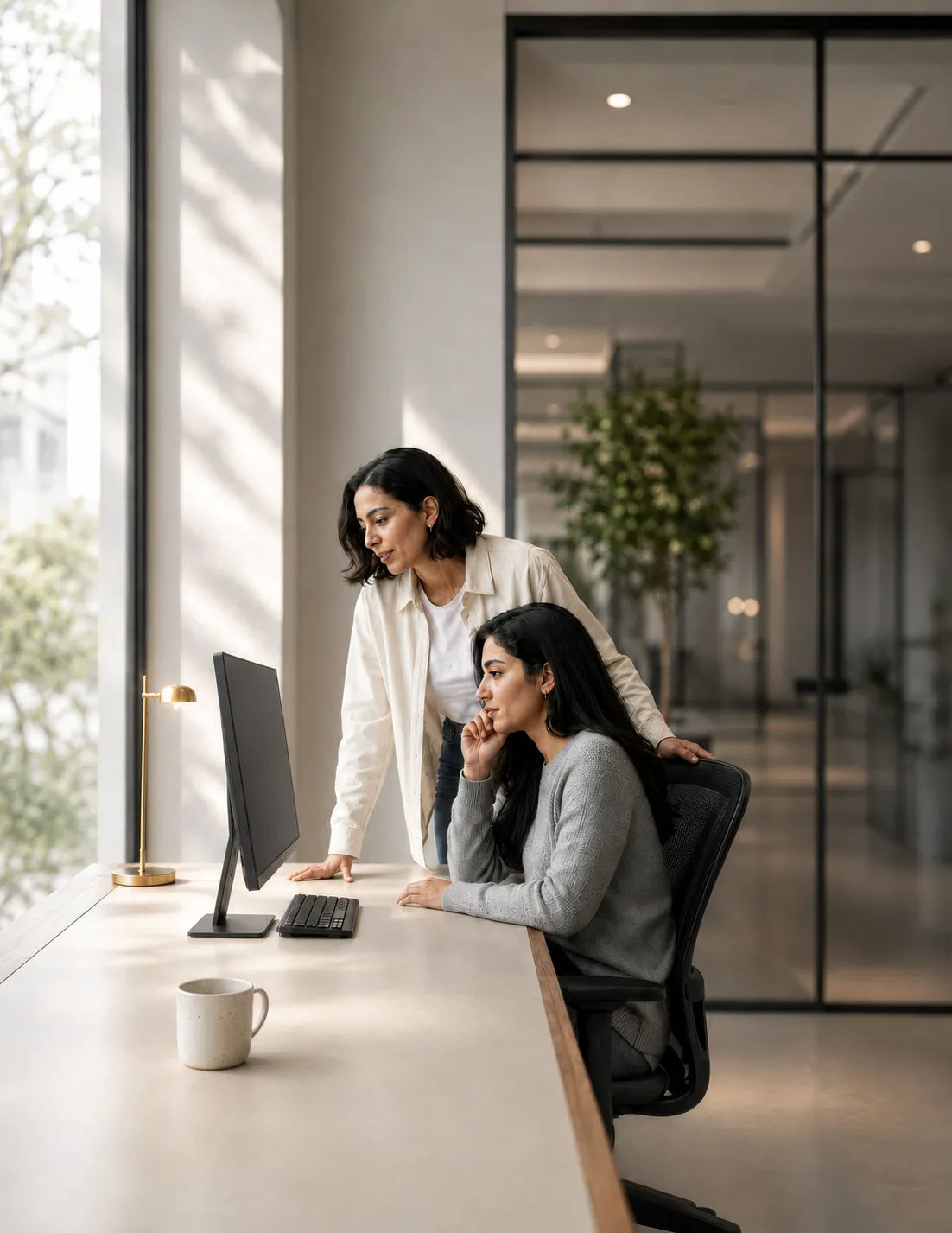 Two coworkers reviewing a dashboard together on a desktop monitor in an office