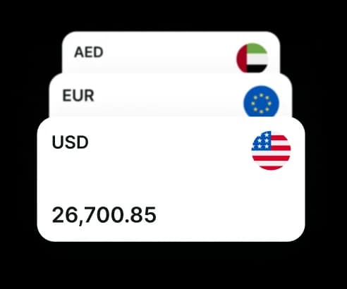 Stacked currency account cards for AED, EUR, and USD, with a USD balance of 26,700.85