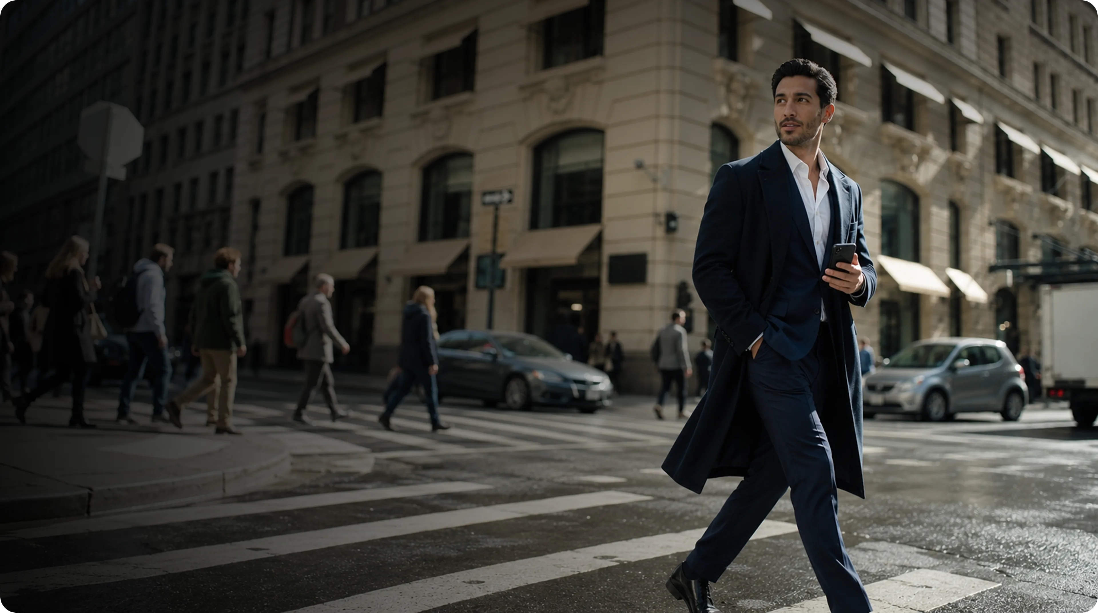 A man crossing a city street while checking his phone