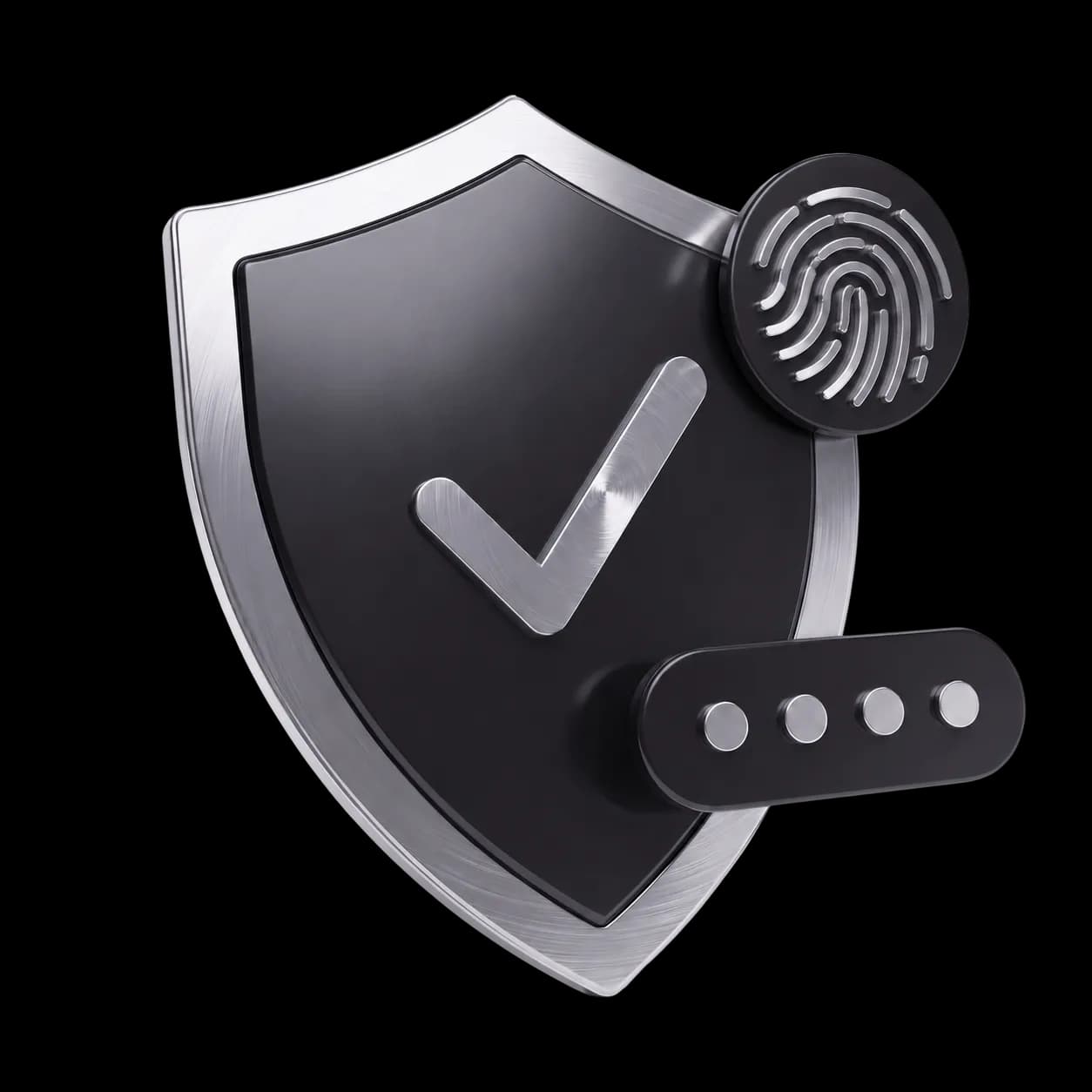 An illustration of a shield with a checkmark, a fingerprint scanner, and a passcode pad