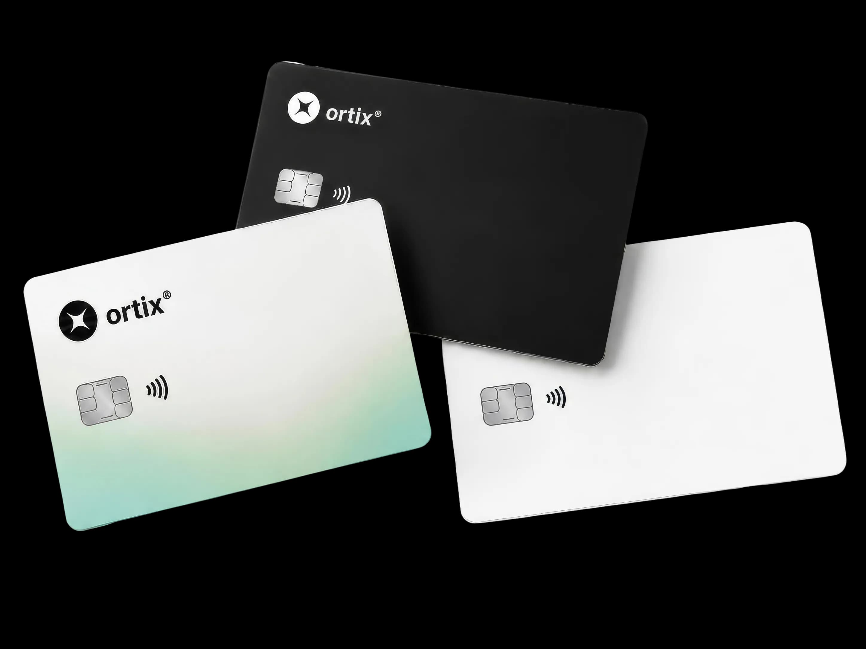 Three Ortix cards: black, white, and a mint-to-white gradient card