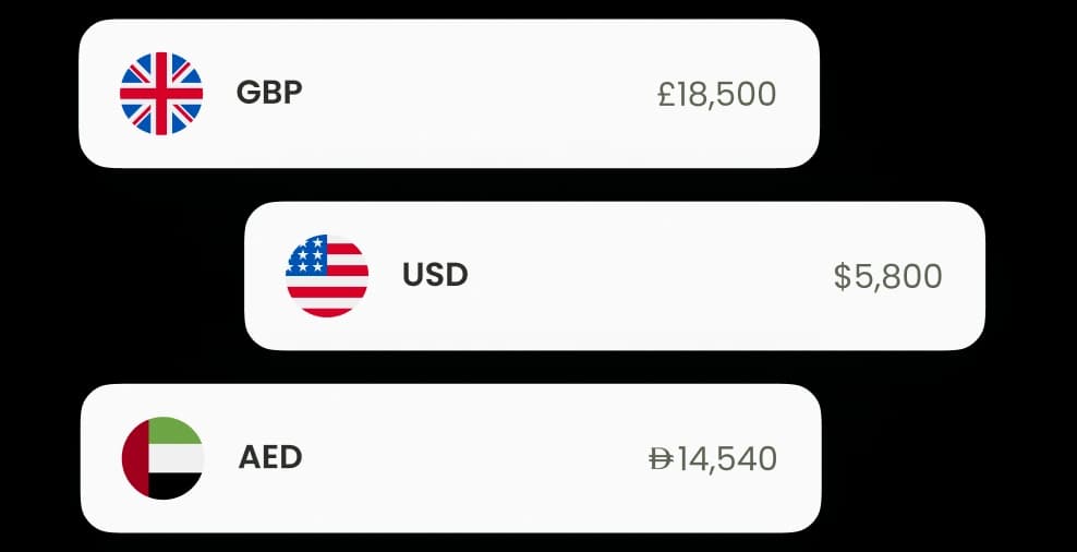 A list of currency balances for GBP, USD, and AED
