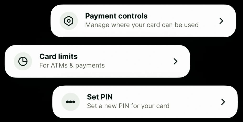 A list of card controls: payment controls, card limits, and set PIN
