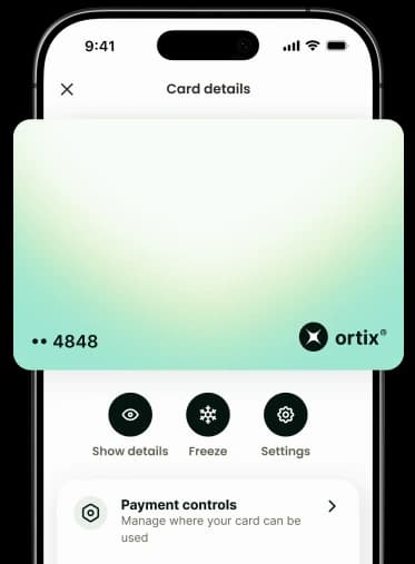 A card details screen with freeze, settings, and payment control options