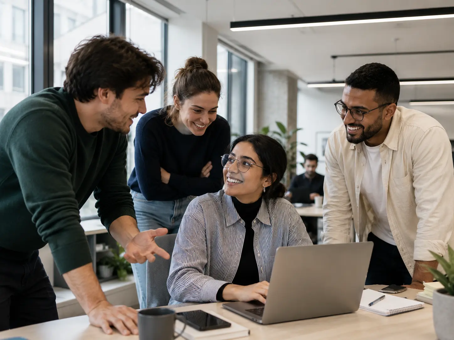 Four coworkers reviewing something together on a laptop in an office