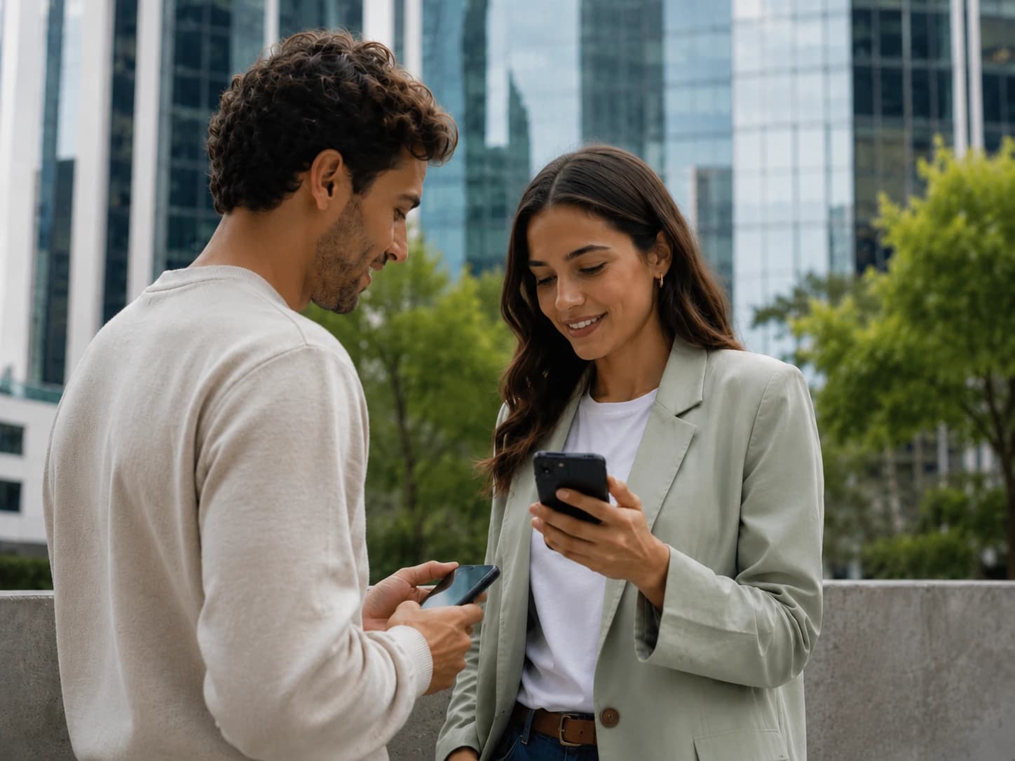 Two friends looking at their phones together in a city
