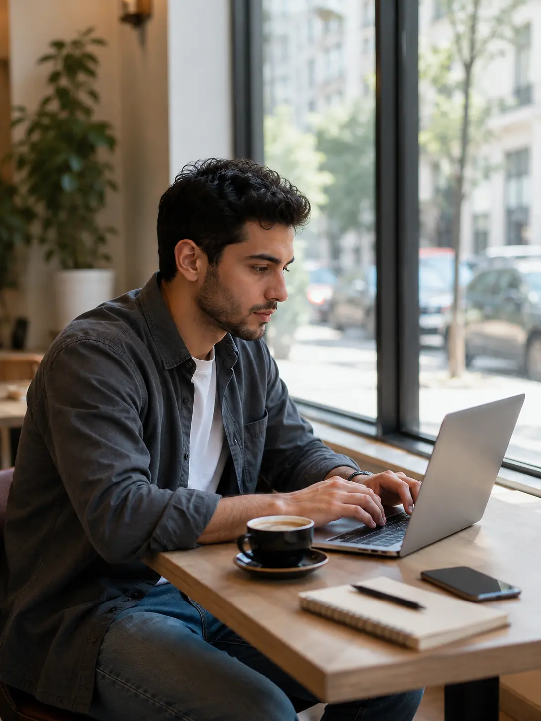 A man working on his laptop at a café table by a window