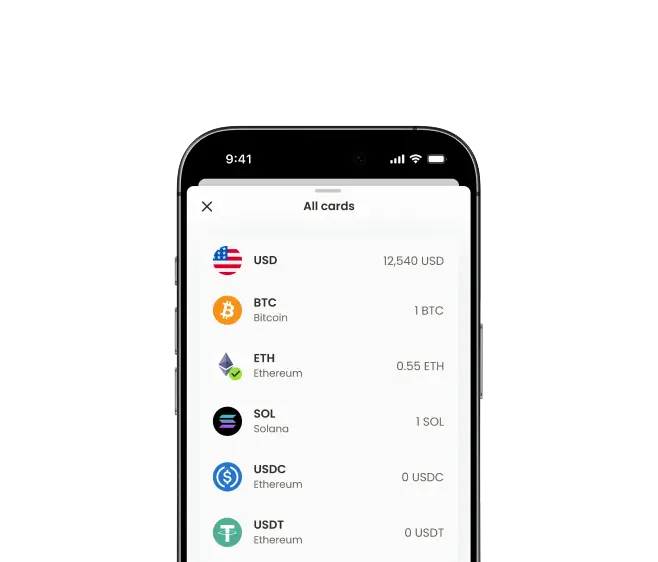 The Ortix app showing a list of currency balances including USD, BTC, ETH, SOL, USDC, and USDT