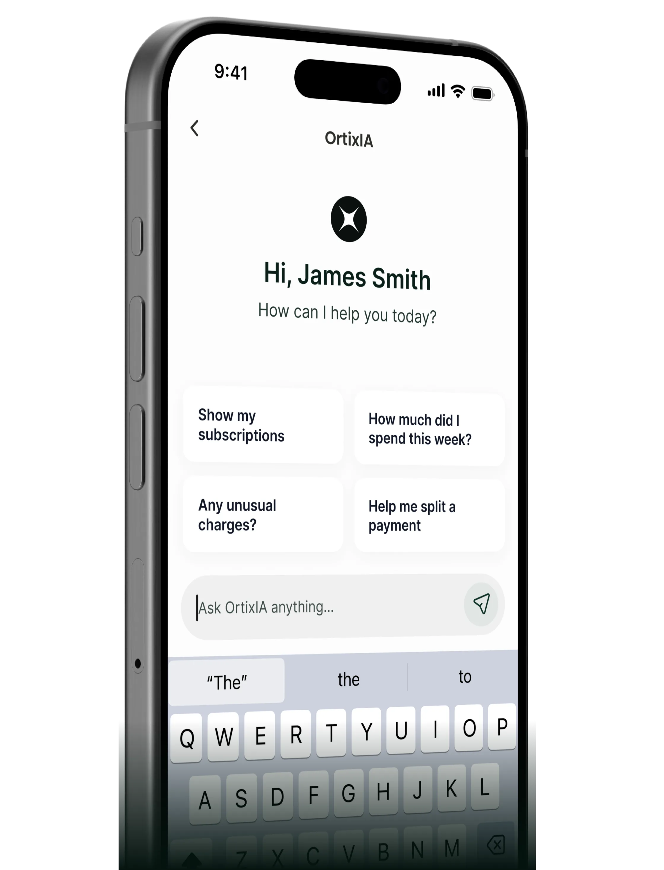 The OrtixIA chat assistant on a phone, greeting the user and suggesting questions to ask