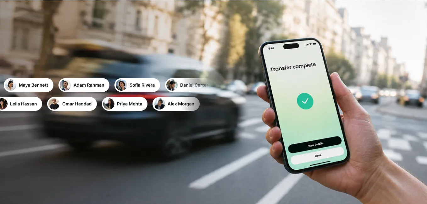A hand holding a phone showing a completed transfer, with city traffic in the background