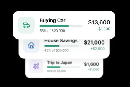 Three Ortix Spaces showing savings progress toward buying a car, house savings, and a trip to Japan
