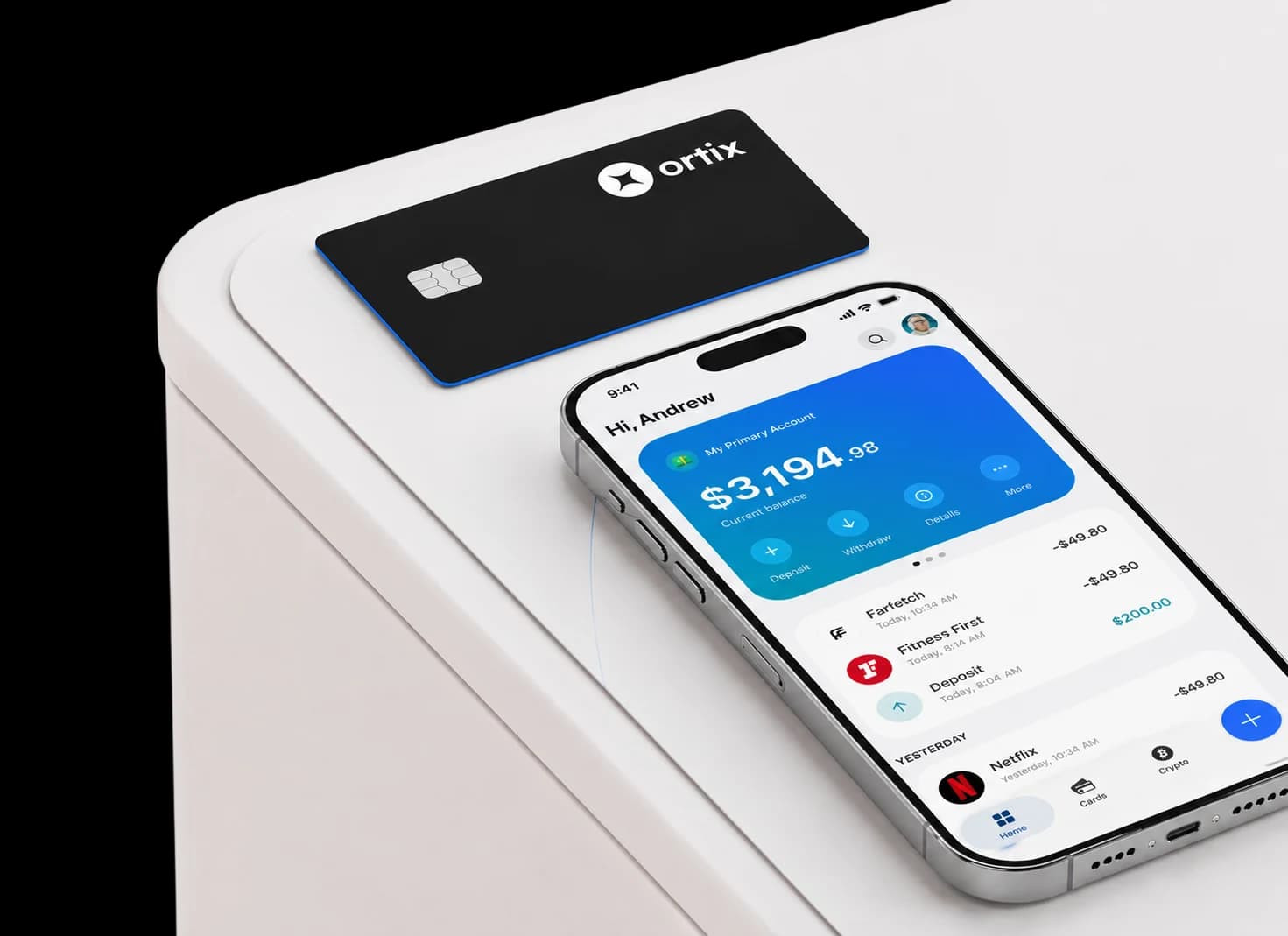 Ortix card and phone showing an account balance
